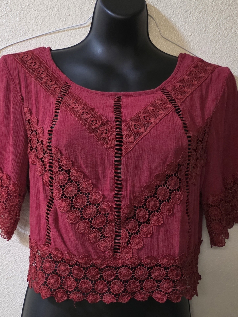 Self Esteem Wine Crochet-Trim Boho Crop Top